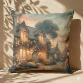 バラに囲まれた日暮れの童話の家 クッション