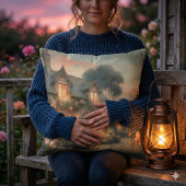 バラに囲まれた日暮れの童話の家 クッション
