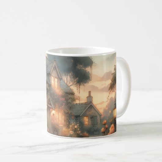 バラに囲まれた日暮れの童話の家 コーヒーマグカップ (正面右)