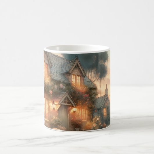 バラに囲まれた日暮れの童話の家 コーヒーマグカップ (中央)