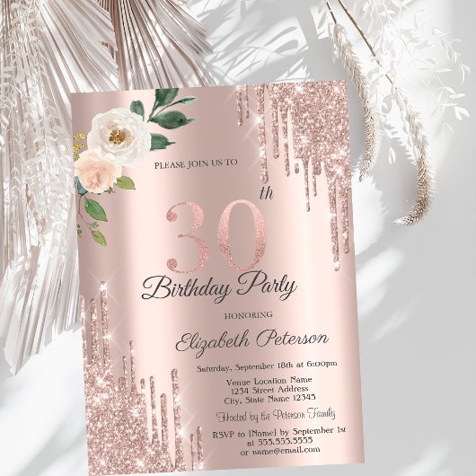 バラのギラギラ垂れ飾り ローズゴールド 30歳の誕生日 招待状