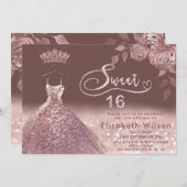 バラのグリッター シークイン ローズゴールドのドレス 招待状 (正面/裏面)