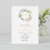 バラのグリーン+フラワーの結婚式モノグラム ゴールド 箔招待状 (立ち正面)