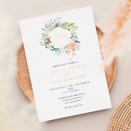 バラのグリーン+フラワーの結婚式モノグラム ゴールド 箔招待状