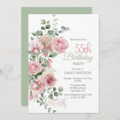 バラのグリーン ユーカリ 55歳の誕生日 招待状 (正面/裏面)