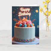 バラのケーキの誕生日カード カード (黄色い花)