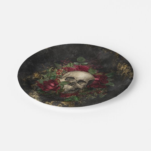 バラのゴシック様式グランジの中のスカル ペーパープレート (アングル)