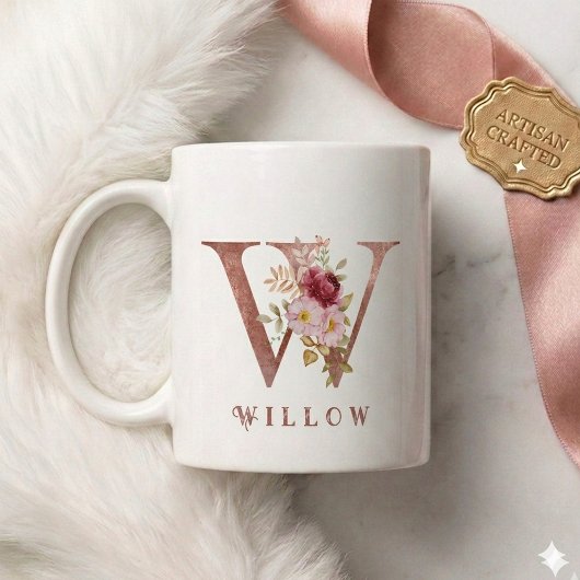バラのゴールドの花とイニシャルWモノグラム コーヒーマグカップ