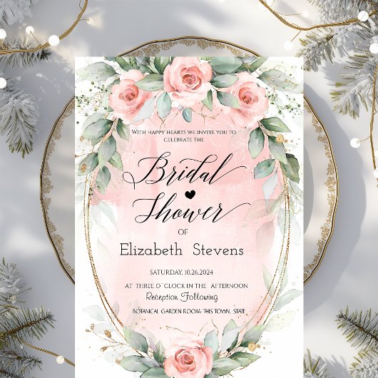 バラのゴールドフレームスクリプト ブライダルシャワー 招待状