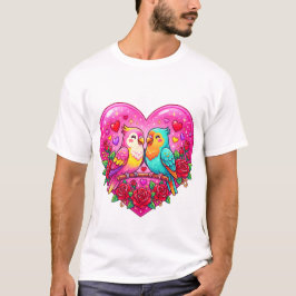 バラのハートの中のインコのカップル Tシャツ