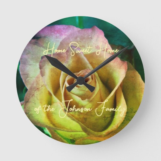 バラのパーソナライズ可能なメッセージと名前のウォールクロック ラウンド壁時計 (正面)