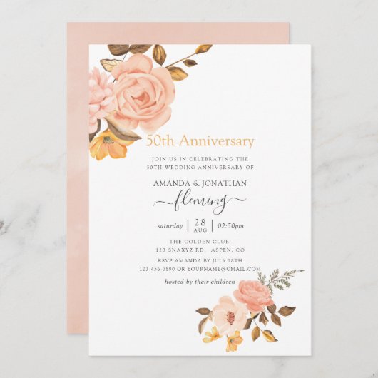 バラのピンクとゴールドの花 50周年記念結婚式 招待状 (正面/裏面)