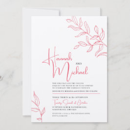 バラのピンクと白の枝の葉のスケッチ ウェディング 招待状