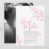 バラのピンクと白の枝の葉のスケッチ ウェディング 招待状 (正面/裏面)