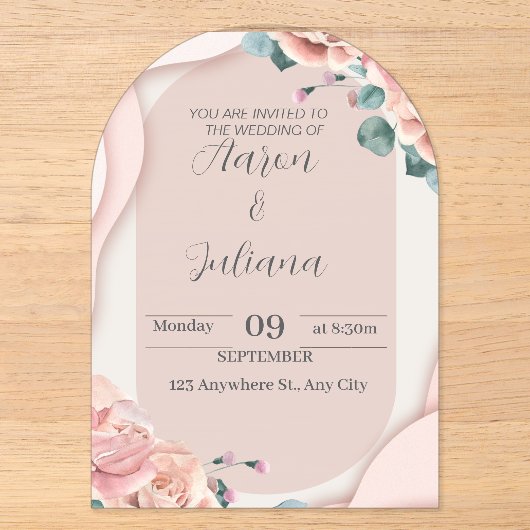 バラのピンクの優雅な結婚式の招待状 アクリル招待状 (正面)