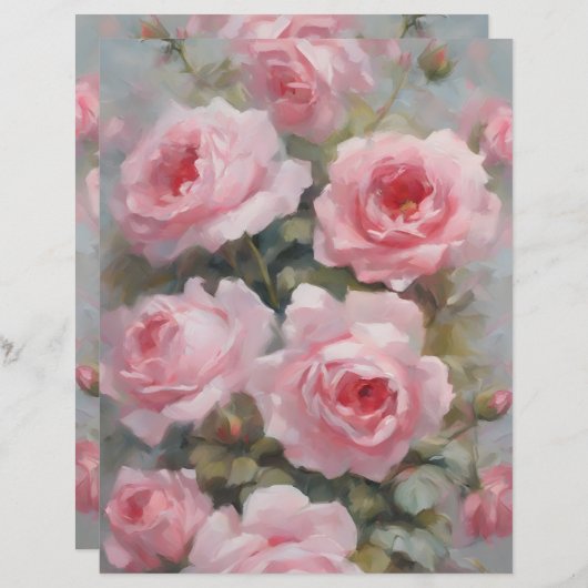 バラのピンクの塗り絵のスクラップブッキングペーパー (正面/裏面)