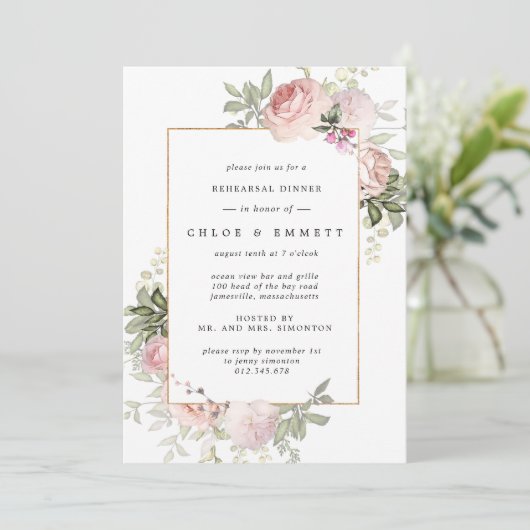 バラのピンクの花の彩りのリハーサルディナー 招待状 (スタンド正面)