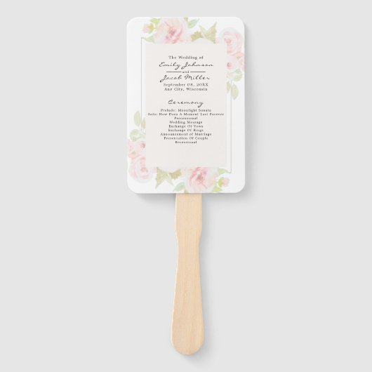 バラのピンクの花の水彩プログラム ウェディング ハンドファン (正面)