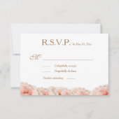 バラのピンクの花束 ゴールド ホワイト 結婚式 出席確認 招待状 (正面)