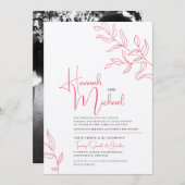 バラのピンク葉の白いスケッチ結婚の枝 招待状 (正面/裏面)