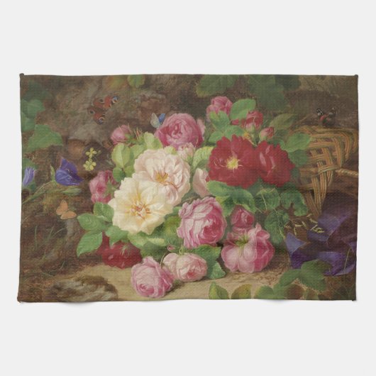 バラのピースが蝶と森の床で キッチンタオル (横)