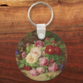 バラのピースが蝶と森の床で キーホルダー (正面)