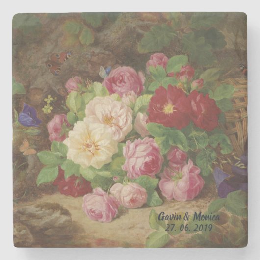 バラのピースが蝶と森の床で ストーンコースター (正面)