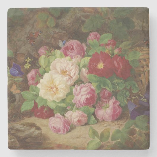 バラのピースが蝶と森の床で ストーンコースター (正面)