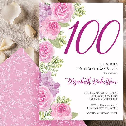 バラのフラワーテンプレート 100歳の誕生日 招待状