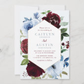 バラのフレーム ワインレッド & ダスティーブルー ウェディング 招待状 (正面)