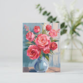 バラのブーケ|赤い花の花瓶の水彩花 ポストカード (スタンド正面)