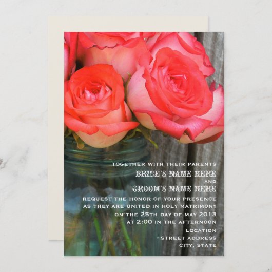 バラのメイソンジャール納屋の木の結婚式の招待 招待状 (正面/裏面)