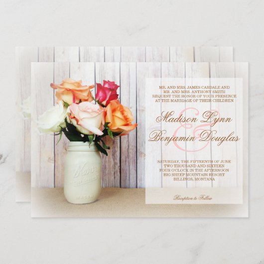 バラのメイソンジャール素朴カントリー招待状 招待状 (正面/裏面)