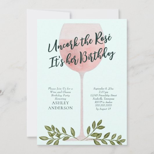 バラのワインの水彩画の誕生日パーティー 招待状 (正面)