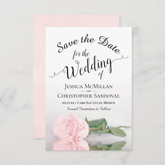 バラの優しいピンクのロマンチックな結婚式 セーブザデート (正面/裏面)