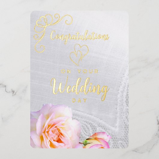 バラの写真キリスト教の結婚式カード ゴールド箔 箔招待状 (正面)