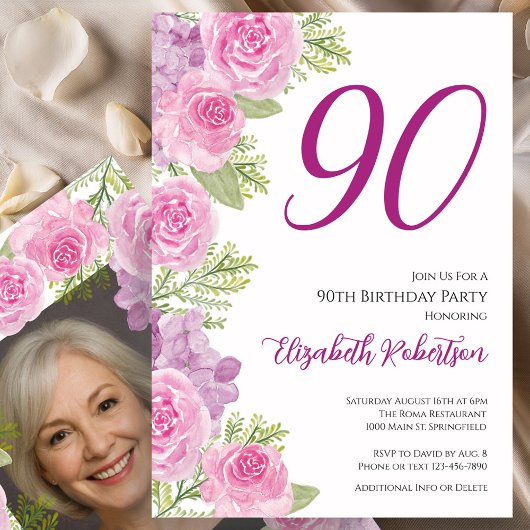 バラの写真入り90歳の誕生日テンプレート 招待状