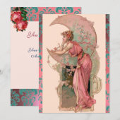 バラの月姫、ピンクと青のダマスクの花 招待状 (正面/裏面)