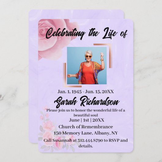 バラの水彩フローラお祝いライフサービス 招待状 (正面/裏面)