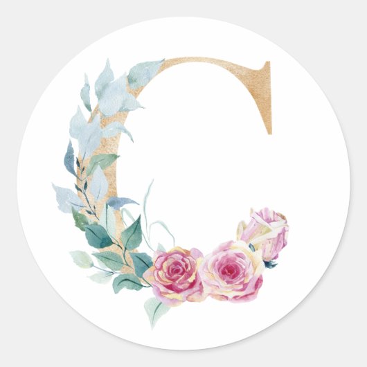バラの水彩文字C ラウンドシール (正面)