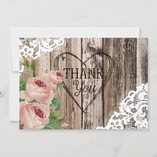 バラの素朴な木製のレースおよびハートは感謝していしています サンキューカード (正面)