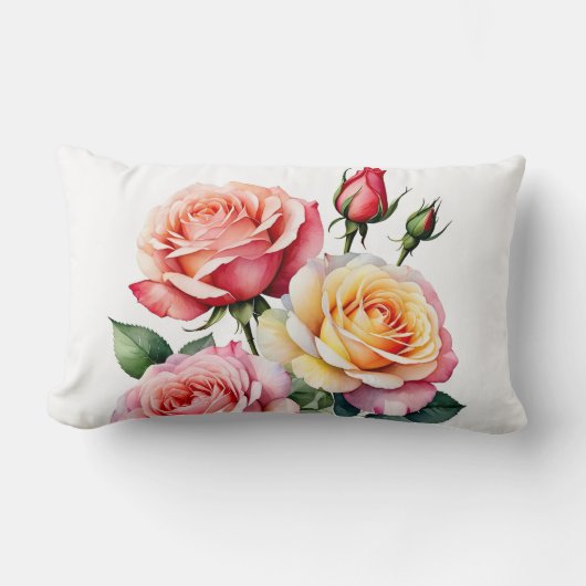 バラの花が咲く黄色とピンクのバラ ランバークッション (正面)