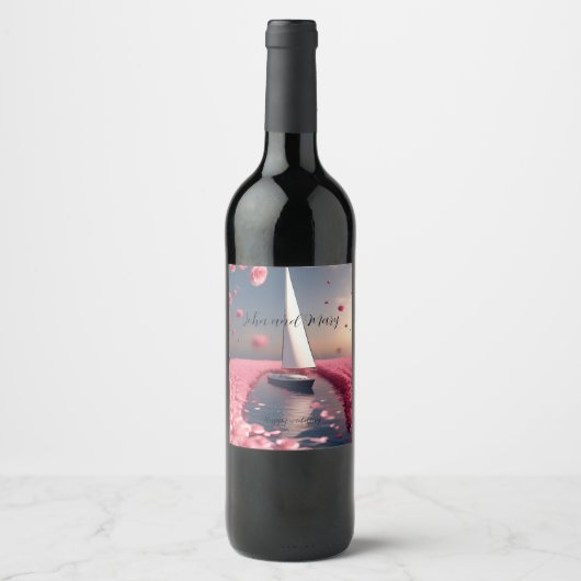 バラの花と船のウェディングステッカー ワインラベル (正面)