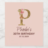 バラの花とPのゴールドモノグラム ワインラベル (シングルラベル)
