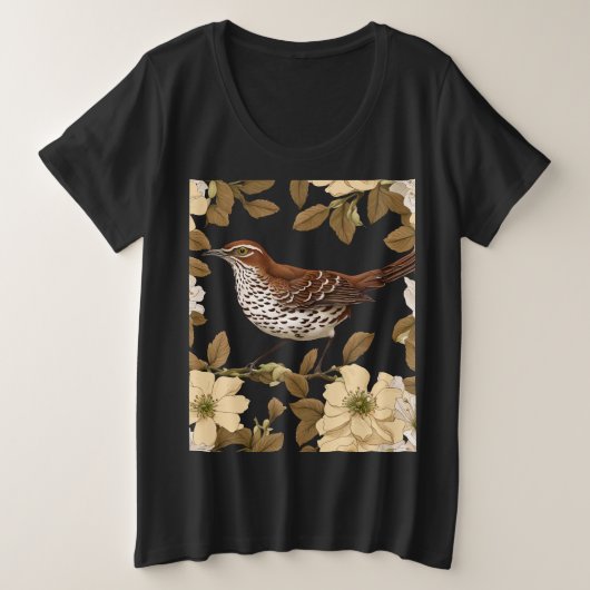 バラの花に囲まれた茶色のトラッシャーの鳥 プラスサイズTシャツ (デザイン正面)
