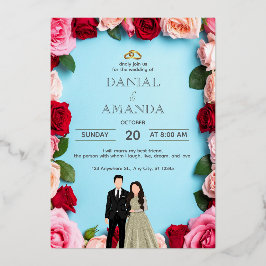 バラの花のエレガントな結婚式招待状カード|編集可能 箔招待状
