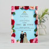 バラの花のエレガントな結婚式招待状カード｜編集可能 箔招待状 (立ち正面)