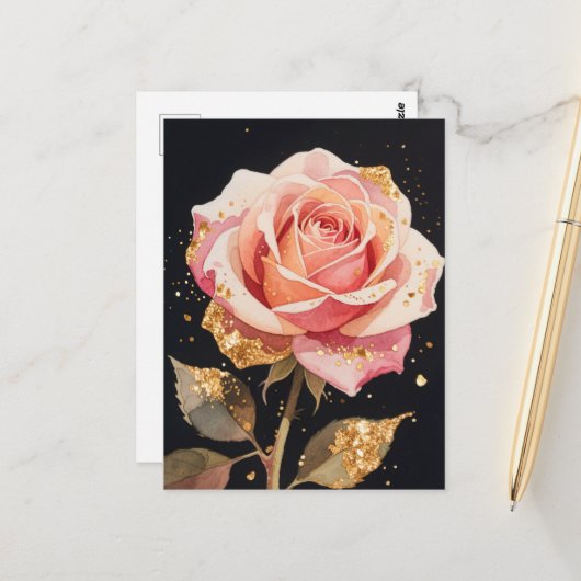 バラの花のゴールドグリッター油彩画 ポストカード (正面/裏面インサイチュ)