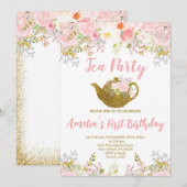 バラの花のブッシュピンク, ハイティー ファーストバースデー 招待状 (正面/裏面)