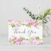 バラの花の優雅なスクリプトを飾った、ほのかなピンクのフローラルデザイン サンキューカード (スタンド正面)
